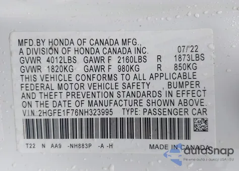 2022 Honda Civic Ex из США, поврежденный, VIN 2HGFE1F76NH323995